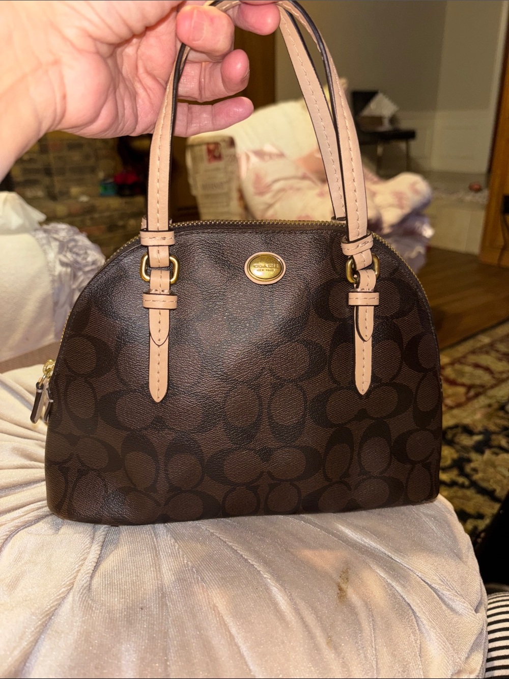 Coach Mini Satchel in Dark Brown with Light Tan Handles